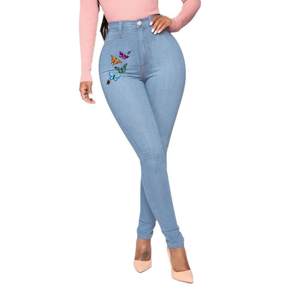 Jeans imprimés avec papillons pour femmes, style européen et américain, taille haute.