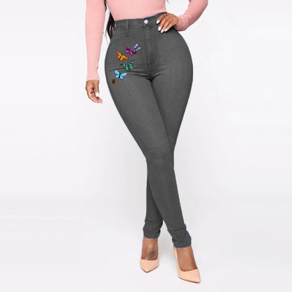 Jeans imprimés avec papillons pour femmes, style européen et américain, taille haute.