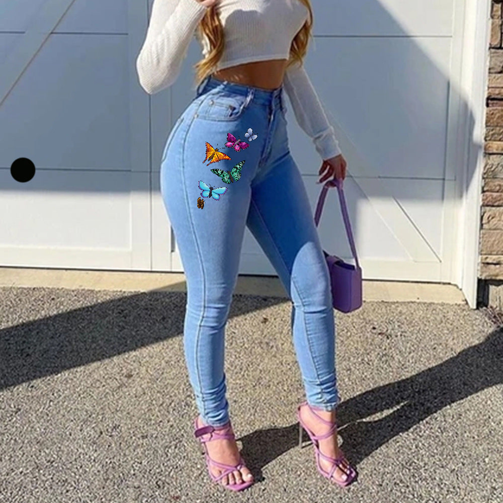Jeans imprimés avec papillons pour femmes, style européen et américain, taille haute.