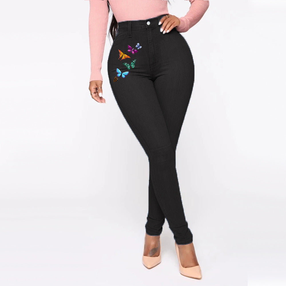 Jeans imprimés avec papillons pour femmes, style européen et américain, taille haute.